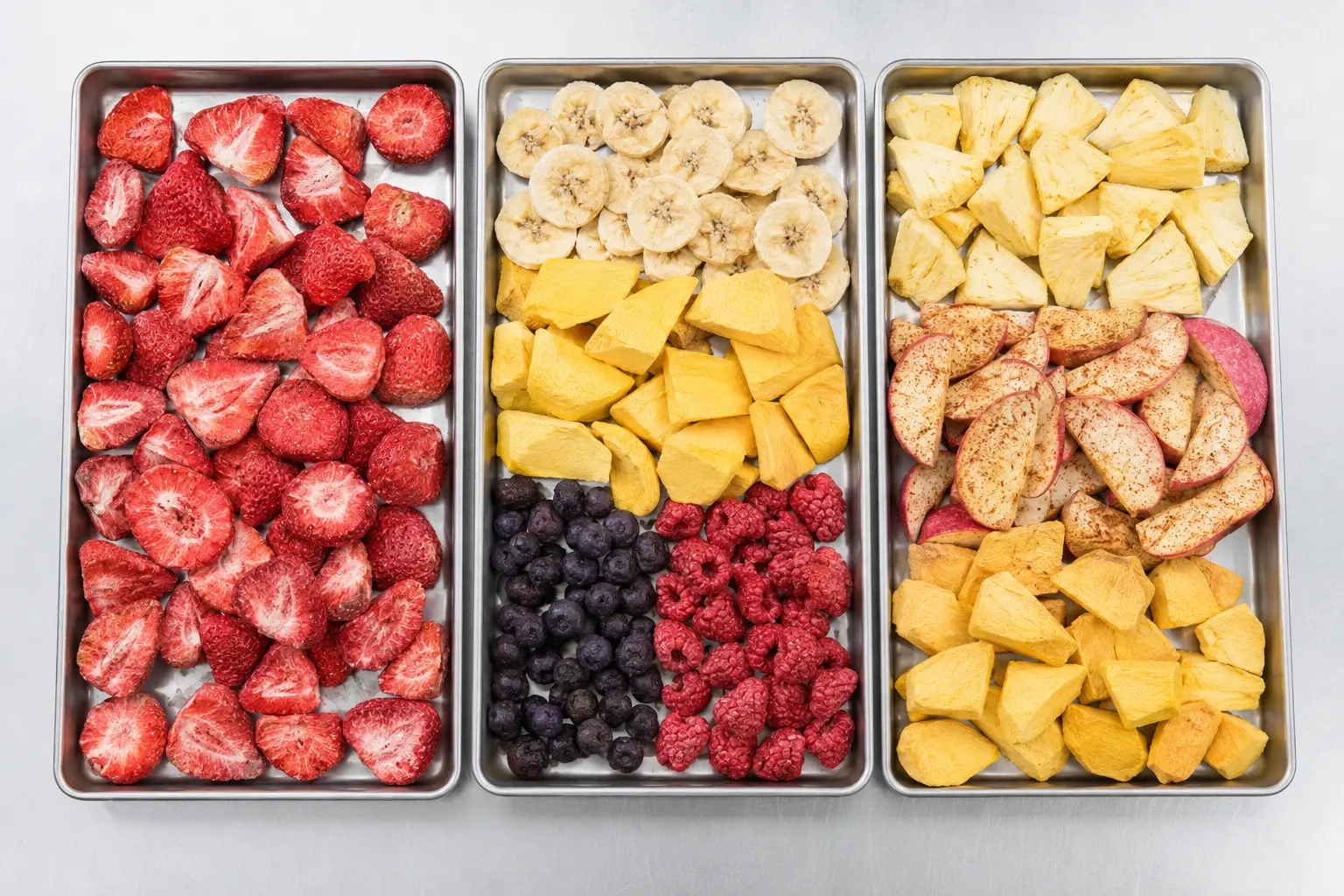 Gefriergetrocknete Früchte auf Trays in der CRY°FRESH-Manufaktur